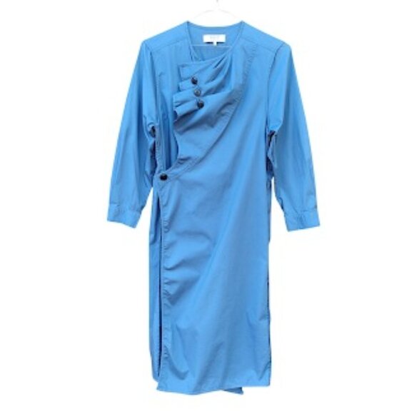 SEA NEW YORK | Blue Asymmetric Ruffle Neck Stretch Cotton Poplin Wrap Midi Dress - Picture 1 of 12